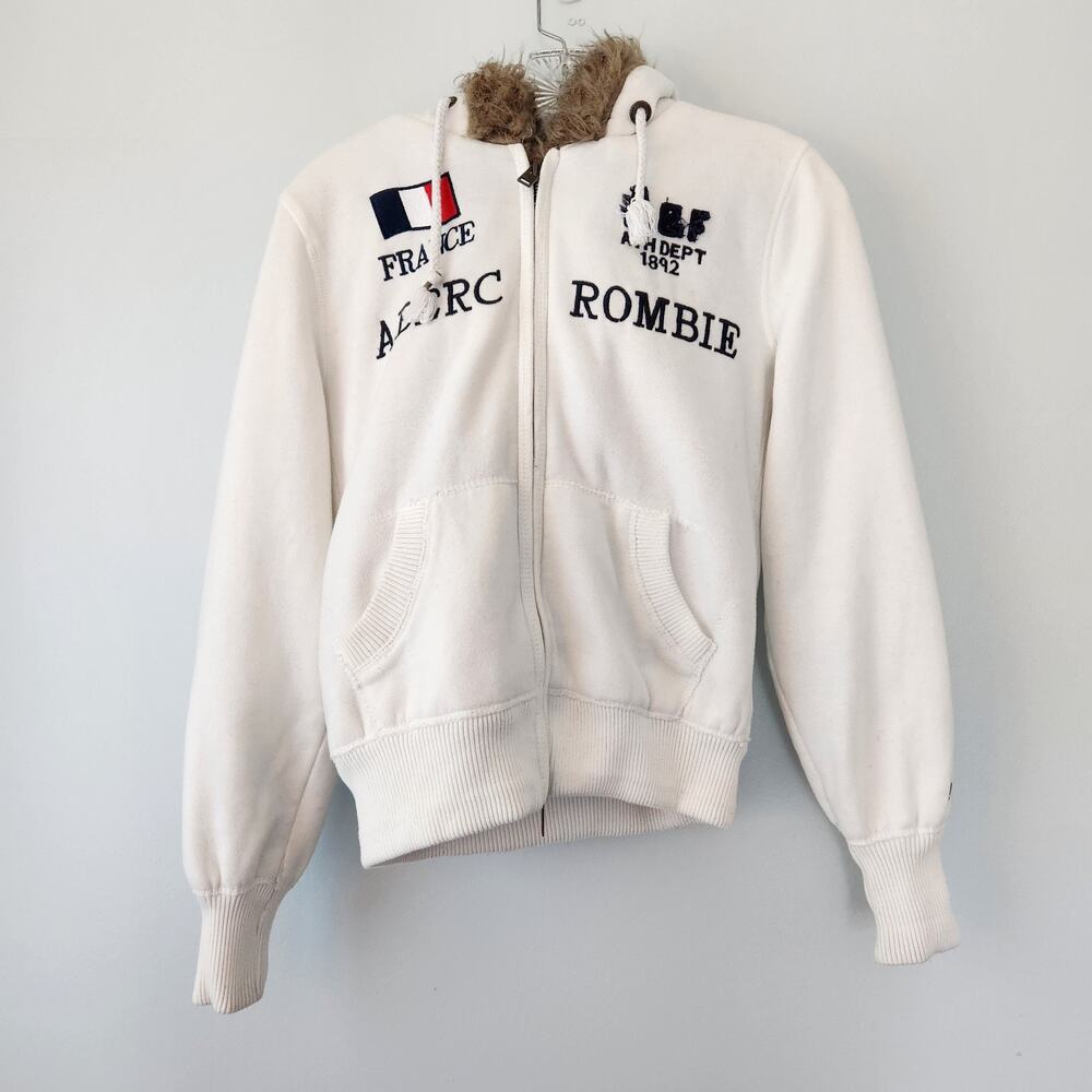 Abercrombie & Fitch Jacket Women's L White Faux Fur Hooded Lined Bomber Zip Y2K